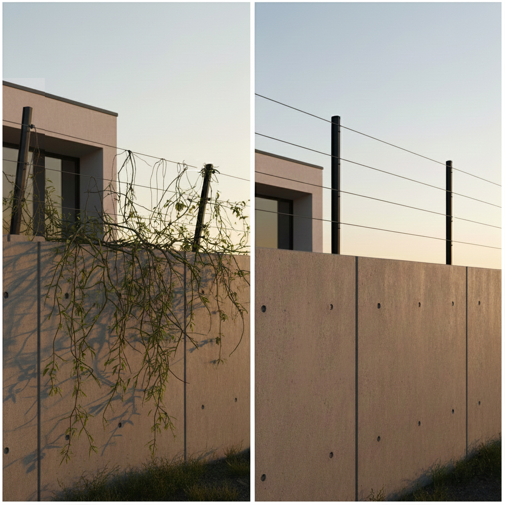 Casa minimalista y moderna con cerca eléctrica Ohmsafe instalada profesionalmente.